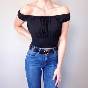 Harlow Black Shirred Off-The-Shoulder Crop
